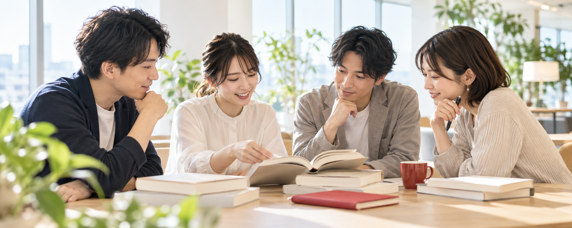 本を囲んで対話し、学びを共有する人たちのイメージ